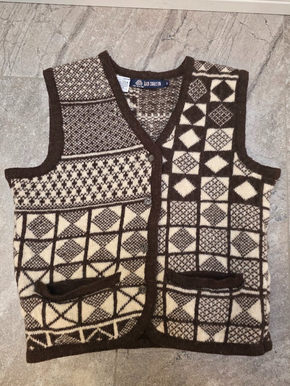 Vintage French Connection Brown cream 100% Wool Vest Size M 1960s